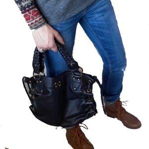 Micheal Kors black lace-up braidrd leather handbag